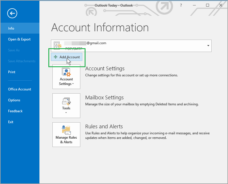 view of Outlook 2016 Add Account button