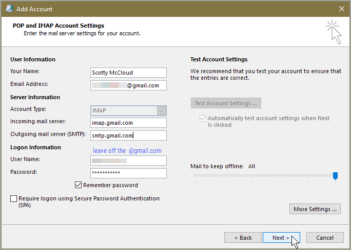 shows server settings in Outlook 2016